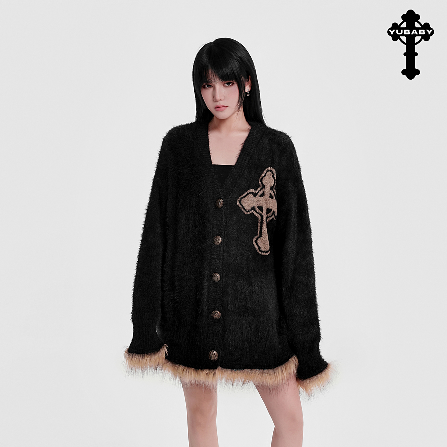 古早复古哥特十字架古铜纽扣复古毛毛大外套仿貂绒毛衣中长款开衫