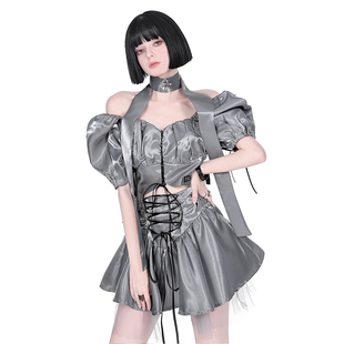 YUBABY独家液态金属银金属黑气质可爱泡泡袖 可露肩上衣蓬蓬裙套装