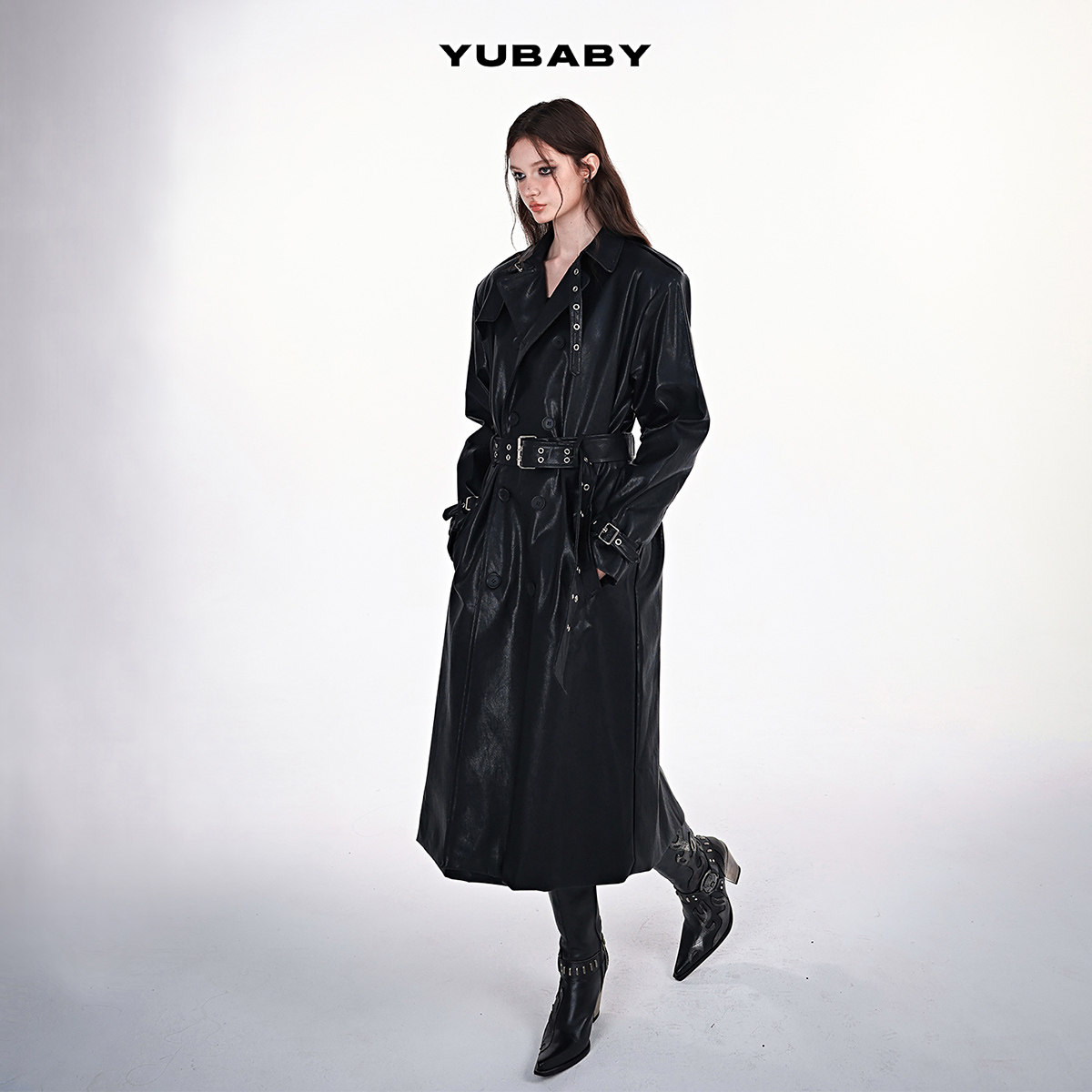 YUBABY自制廓形大垫肩PU皮荔枝纹油蜡皮长款皮风衣外套翻领朋克