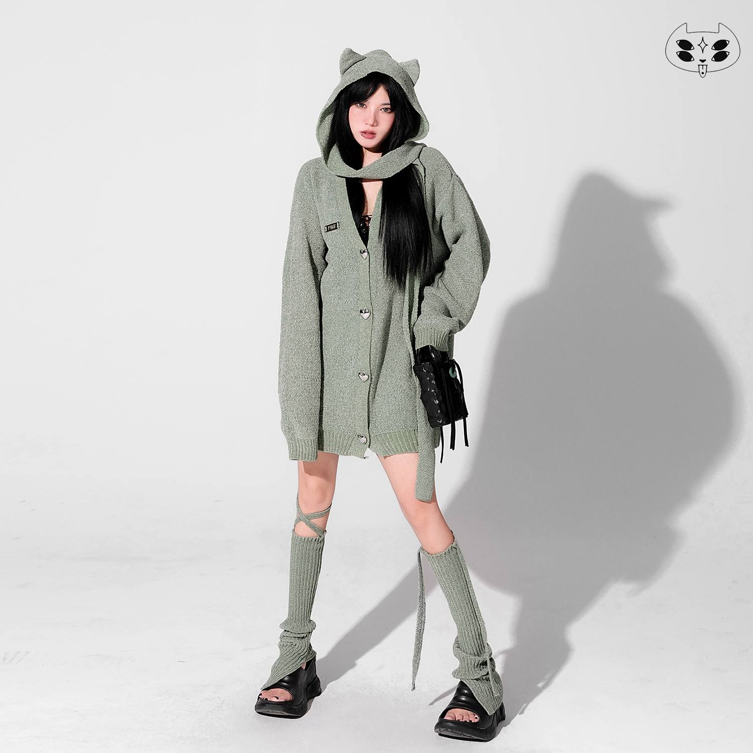 针织毛衣单排扣开衫开领外穿连帽