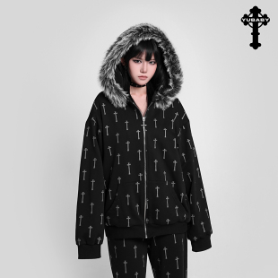 超大毛领个性 亚文化街头满印十字架可拆卸毛领猫耳朵满印卫衣外套