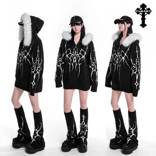 【释放棱角】原创仿羊驼绒哥特图腾可拆卸大毛领拉链连帽毛衣外套