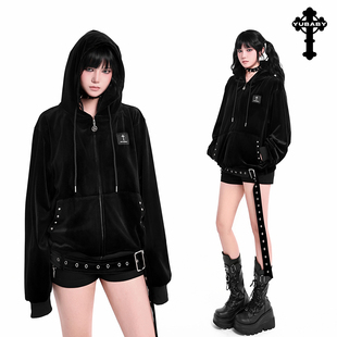 小雨家暗黑风哥特个性朋克风金属拉链铆钉装饰叛逆显瘦黑丝绒外套