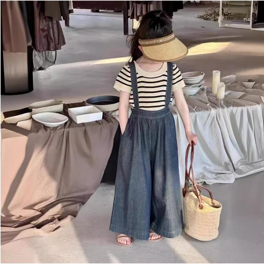 女童秋款套装2025新款韩版儿童条纹短袖牛仔背带阔腿裤子休闲长裤
