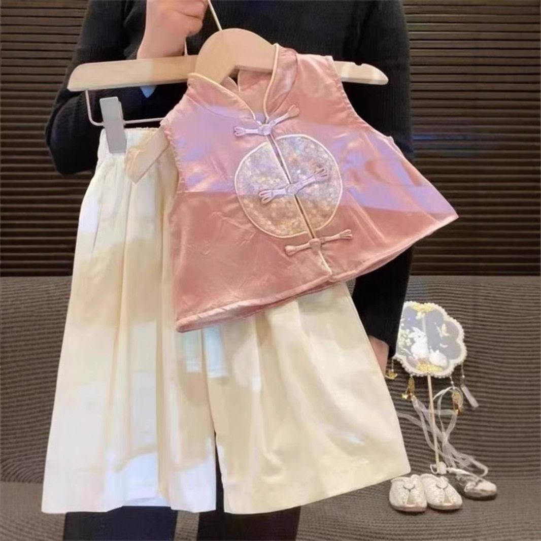 女童夏季马甲阔腿裤复古汉服套装2025新中式中国风藕粉色套装唐装