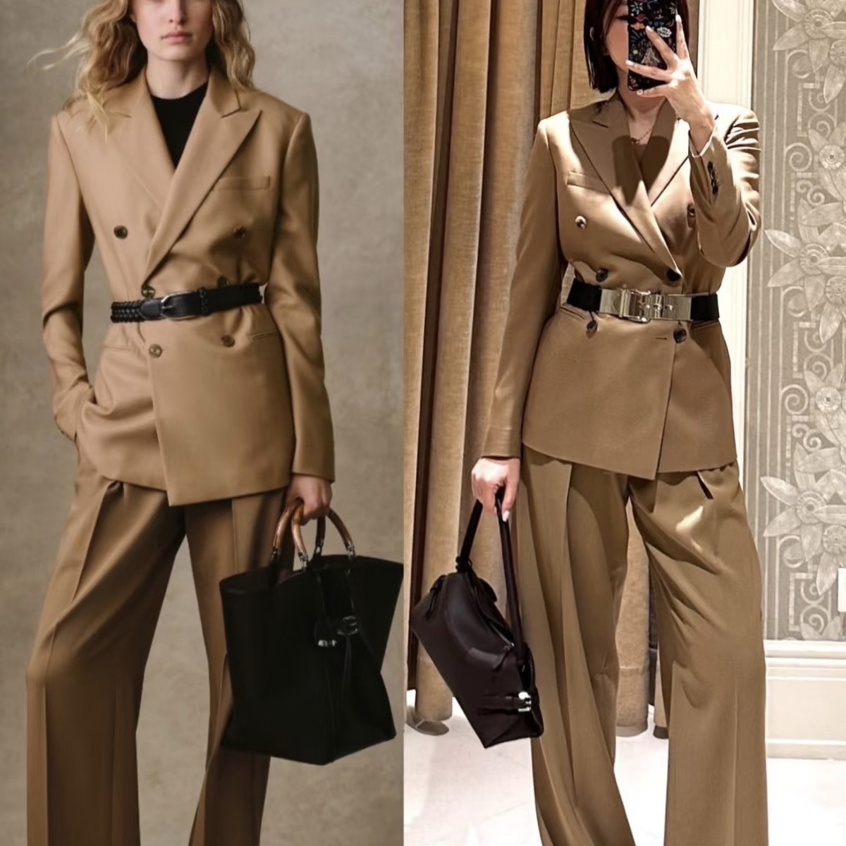 诺诺家小众早春双排扣西装外套+直筒阔腿裤套装（含30羊毛）A9769,女装/女士精品,时尚套装,淘宝优惠券,粉丝福利购,淘宝优惠卷