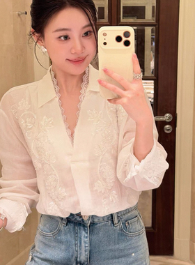 诺诺家小众珠刺绣蕾丝V领100苎麻气质衬衫经典翻领与蕾衬衫A9953