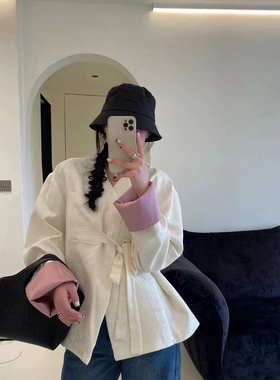 诺诺26年早春新中式浮雕提花拼色绑带外套短外套32849