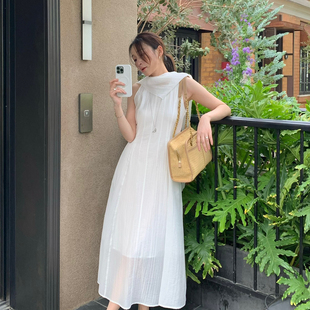 夏上新白开水美女感无袖韩系温柔风修身连衣裙(配披肩)(系带不可