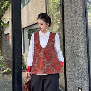 G449 YS59 诺诺家提花深V领马甲侧开手工一字盘扣马甲 含30澳毛