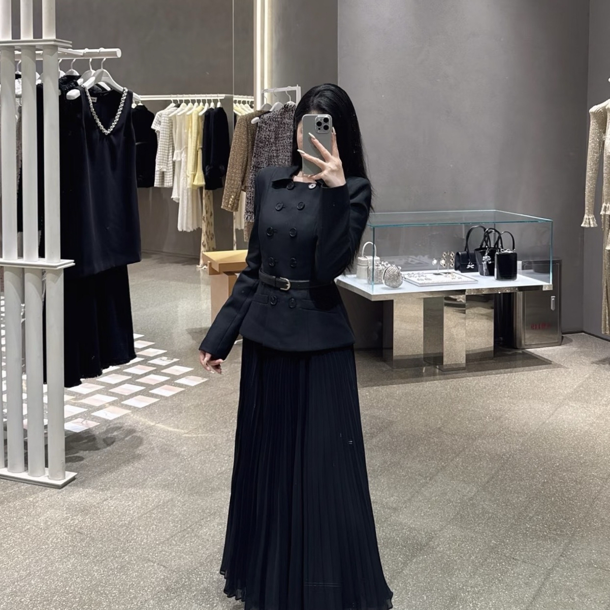 诺诺家小众外套+压褶半裙气质女神套装(配腰带)（含30羊毛）A9426