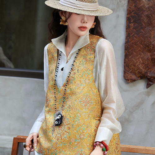 诺设计老钱新中式V领复古提花国风开叉马甲（含10真丝）YS1-t501