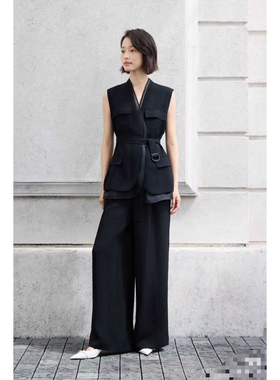 诺诺家小众酵洗纯亚麻套装假两件马甲+阔腿裤套装(配腰带)A9984