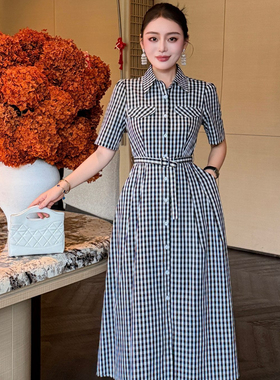 诺诺家小众经典对格修身显瘦高端大气连衣裙连衣裙(配腰带)A9955