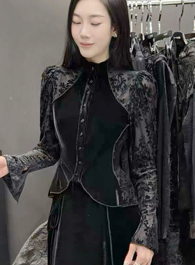 诺诺显瘦气质丝绒水墨画拼接喇叭袖长袖小衫A35141