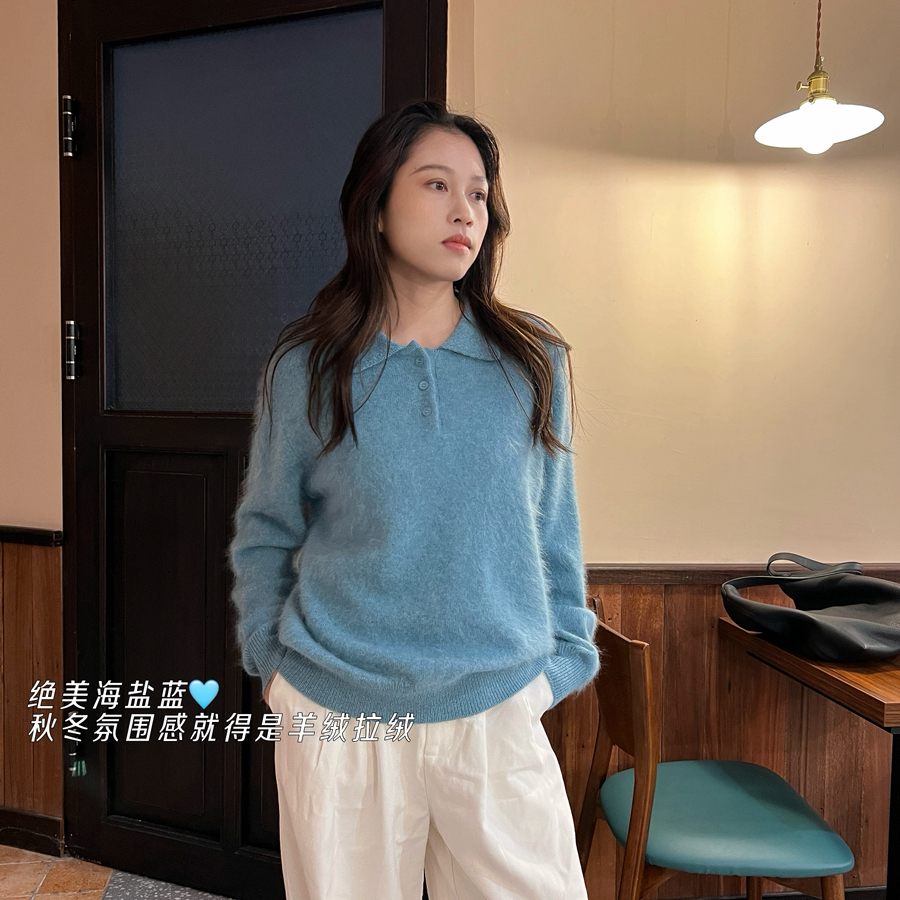 诺诺艺超绝韩系POLO领拉绒高级纯色保暖毛衣含100绵羊毛A2056