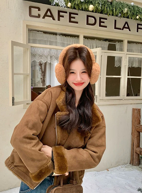 诺诺设计鹿皮绒韩系氛围感短款夹克棉衣棉服短外套皮毛一体26834