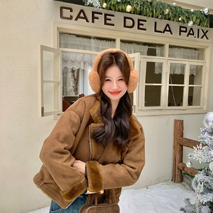 诺诺设计鹿皮绒韩系氛围感短款夹克棉衣棉服短外套皮毛一体26834