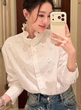诺诺家小众式手工立体钉珠亮片珠花设计感春夏气质衬衣衬衫A9952