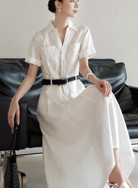 诺诺家年夏上新法式亚麻通勤衬衫收腰A字连衣裙(配腰绳)YS1-WD02