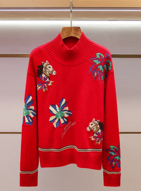 诺诺家日氛围感马上有钱系列小马提花正红色显白毛衣毛衣Q11-56
