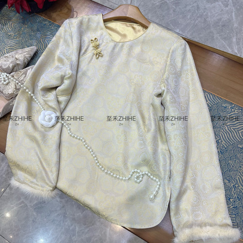 诺设计大牌老钱新中式盘扣水貂毛上衣小衫（含100真丝）YS2-t224