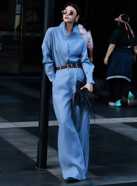 诺诺家小众衬衫+高腰阔腿长裤设计感简约气质显瘦两件套装A9982