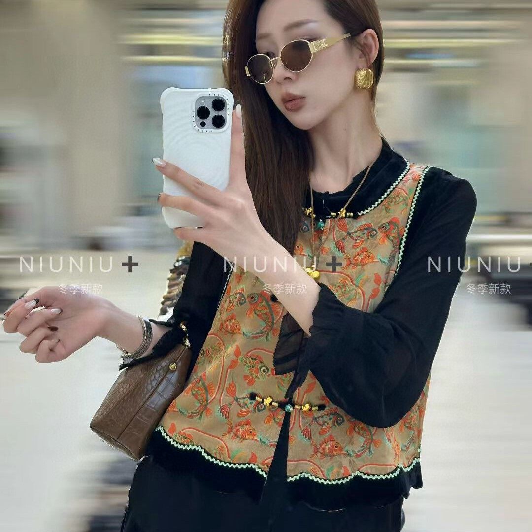 诺诺家新中式盘扣拼色丝绒包边一字扣马甲(含30真丝)YS107-G311,女装/女士精品,马夹,淘宝优惠券,粉丝福利购,淘宝优惠卷