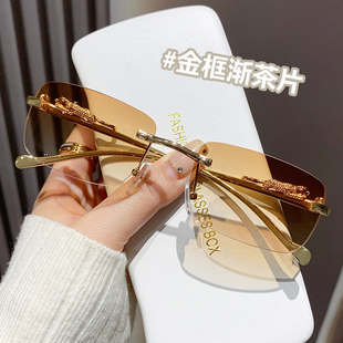 个性墨镜女高级感复古防紫外线遮阳方形无框小脸太阳镜男金丝边女