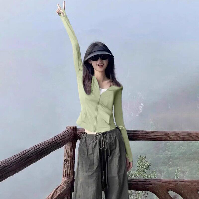 冰感触面料绿色防晒衣修身女夏季户外爬山瑜伽服运动紧身显瘦上衣