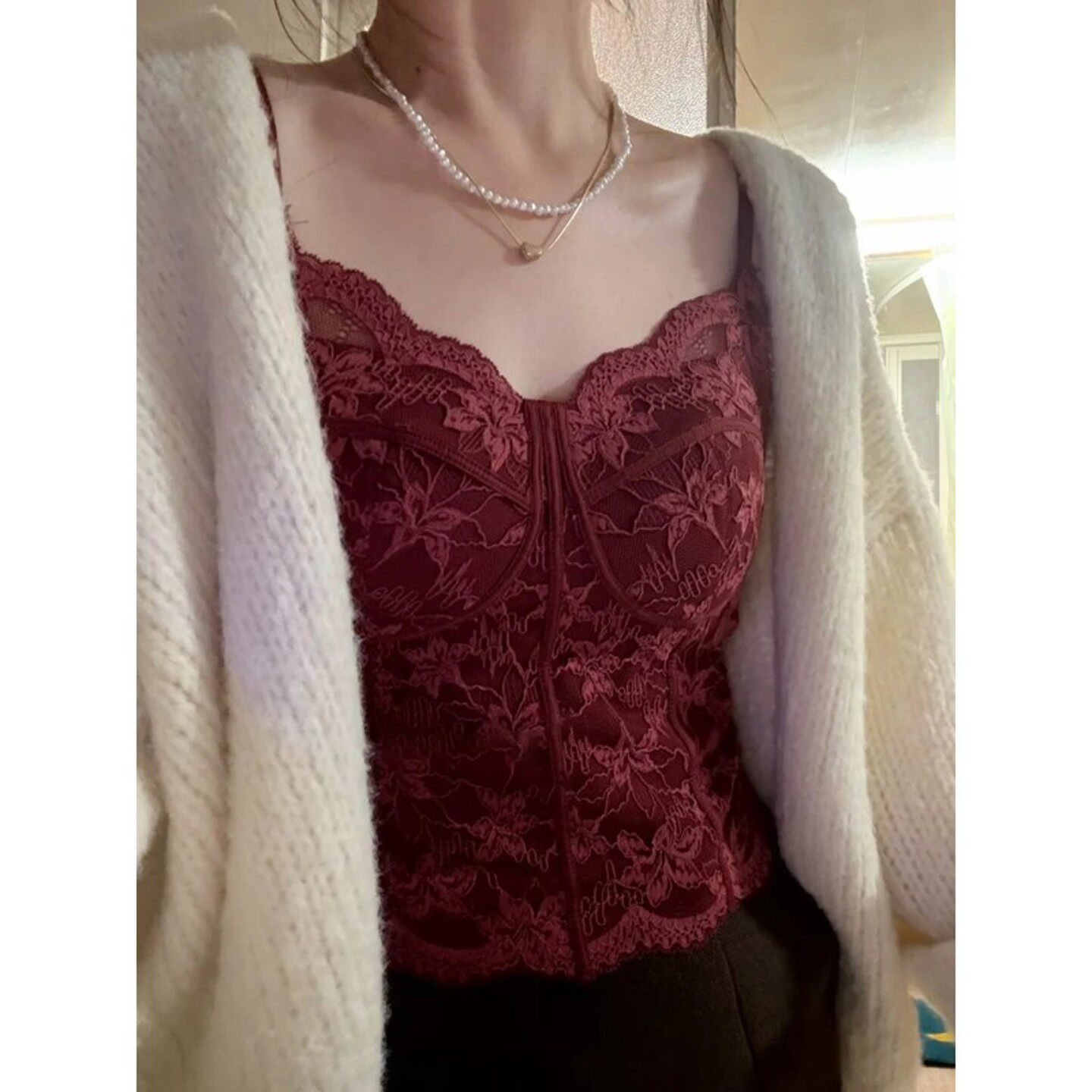本命年红色蕾丝吊带背心女带胸垫美背内衣加绒保暖背心西装内搭