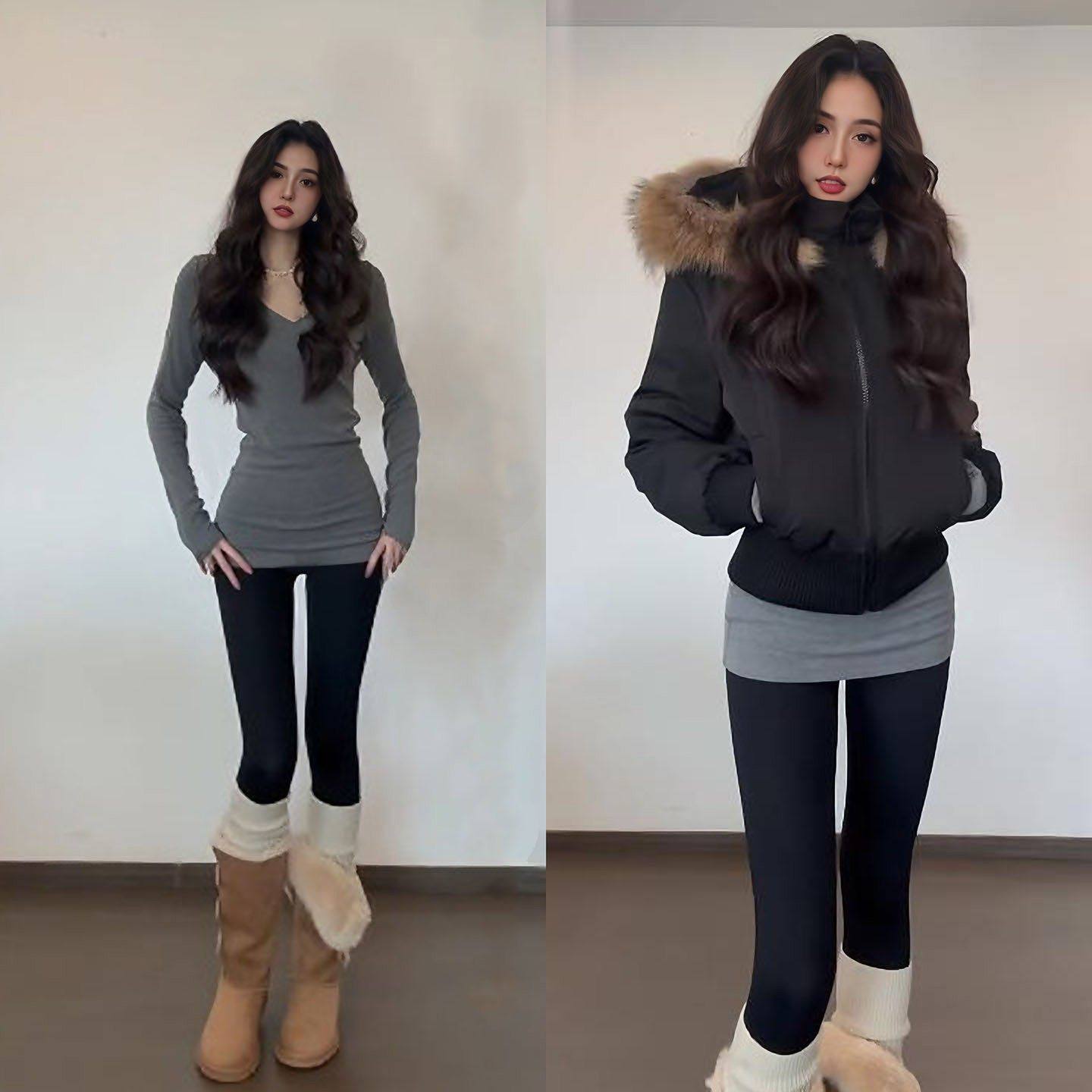 德绒v领灰色中长款打底衫女冬包臀紧身羽绒服内搭配鲨鱼裤的上衣