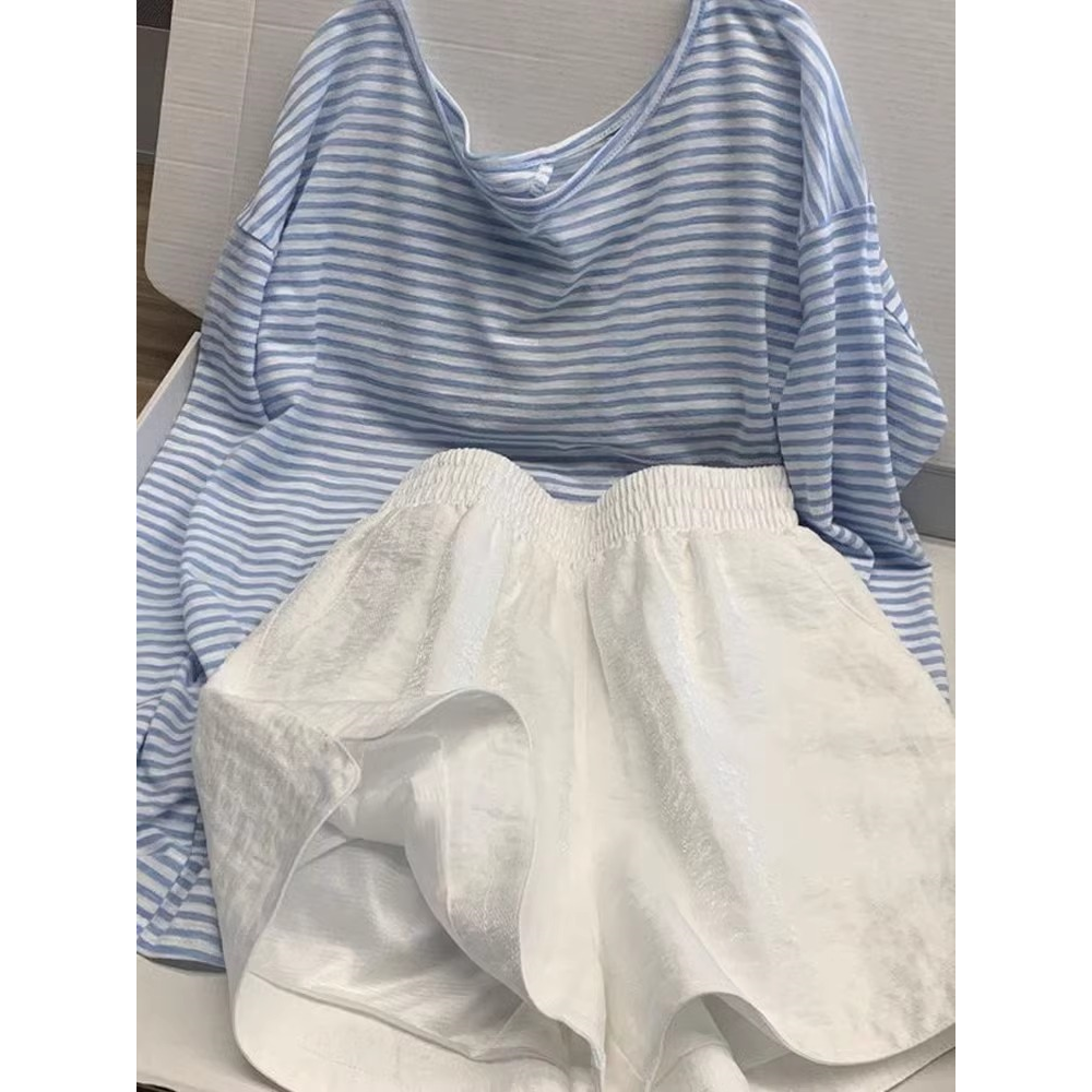韩版蓝色条纹冰丝短袖T恤女夏季宽松微透薄款针织防晒罩衫上衣
