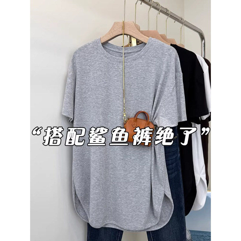 中长款灰色冰丝短袖T恤女春季薄款透气罩衫宽松开叉配鲨鱼裤上衣