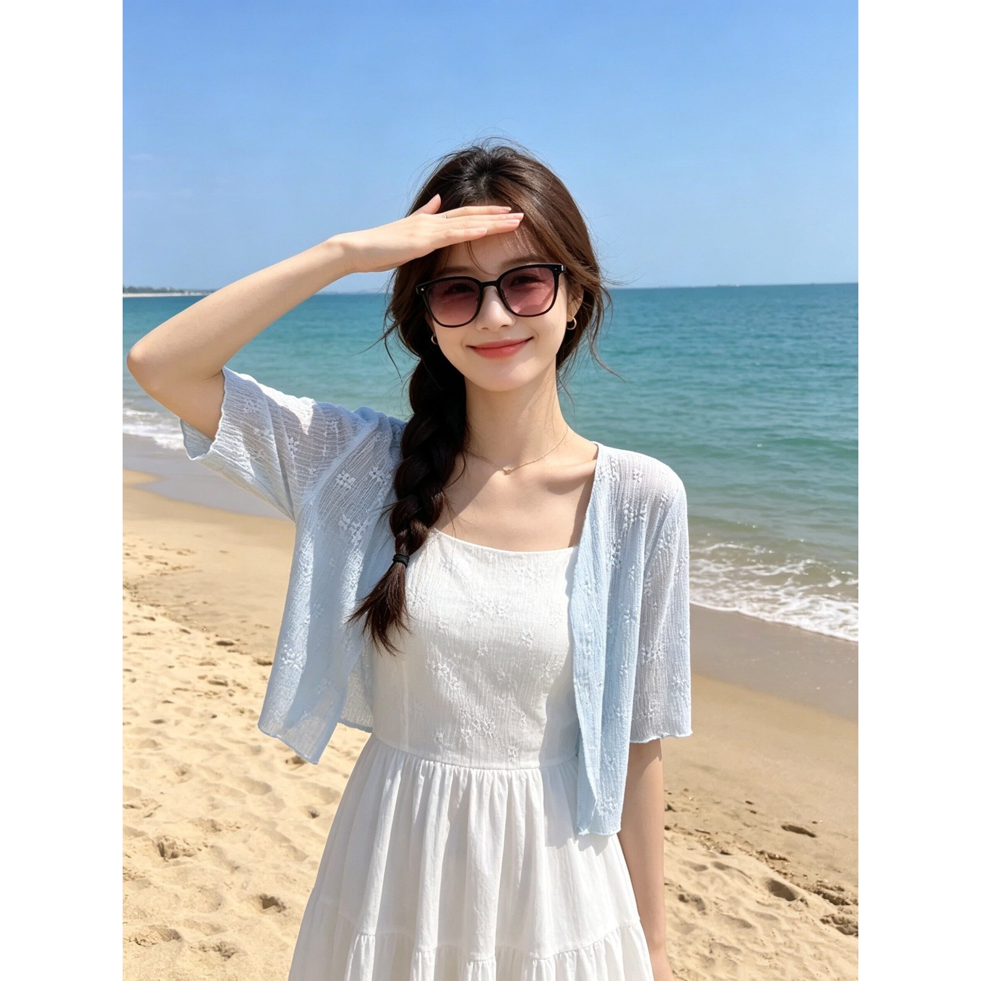 冰丝蓝色蕾丝网纱短袖防晒开衫女夏季新款吊带裙外搭坎肩短款上衣