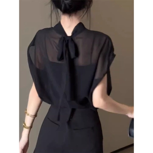 黑色薄纱立领雪纺短袖T恤女夏季宽松显瘦透视后绑带冰丝衬衫上衣