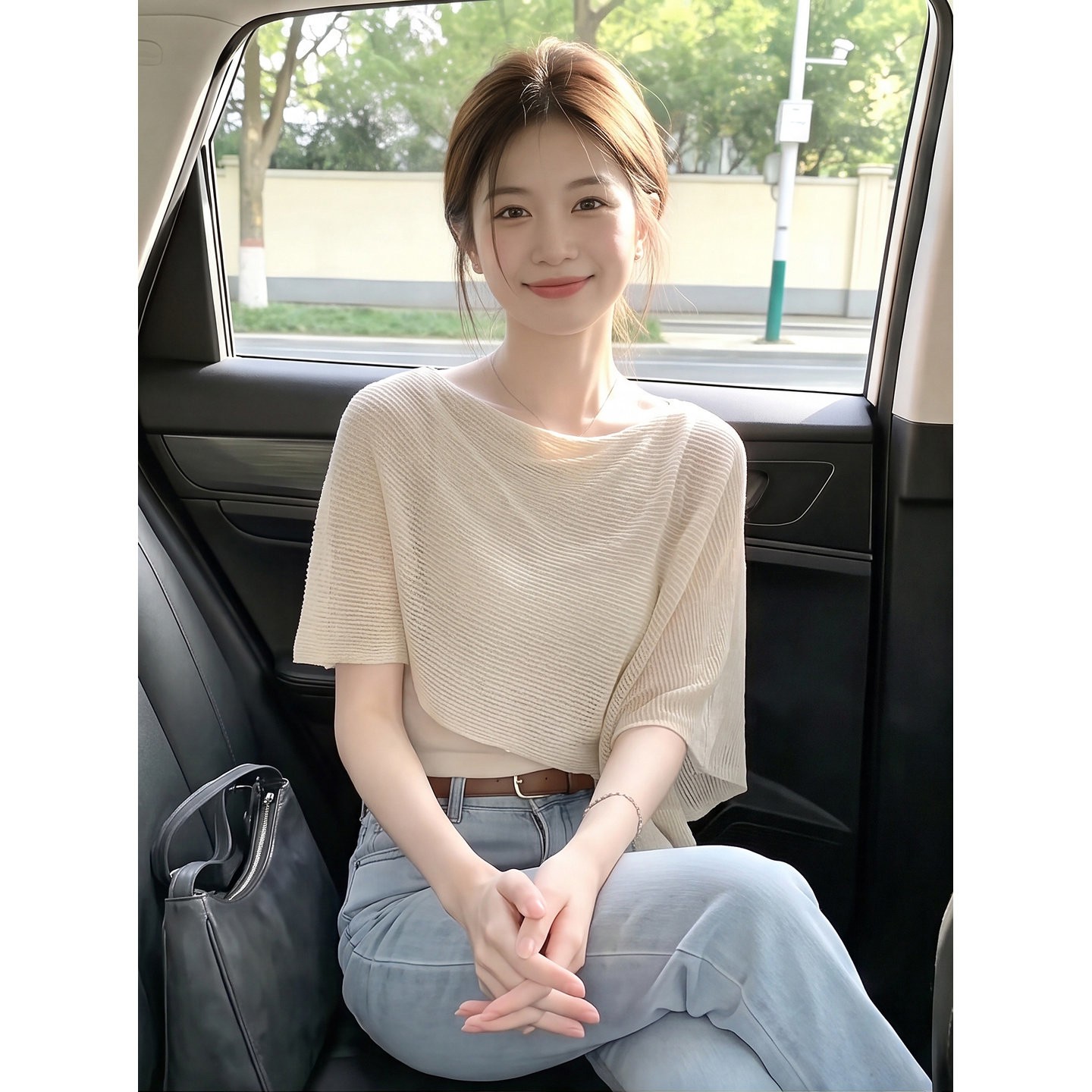 杏色斗篷不规则针织短袖罩图片