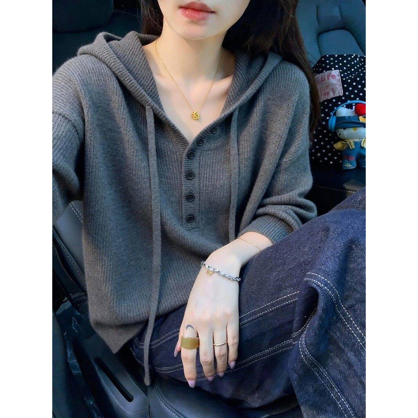 爆款洋气连帽卫衣毛衣女秋冬新款宽松慵懒打底软糯针织衫长袖上衣