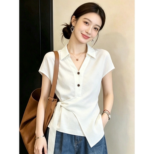 白色翻领短袖衬衫女款2026新款夏季系带收腰衬衣法式小资别致上衣