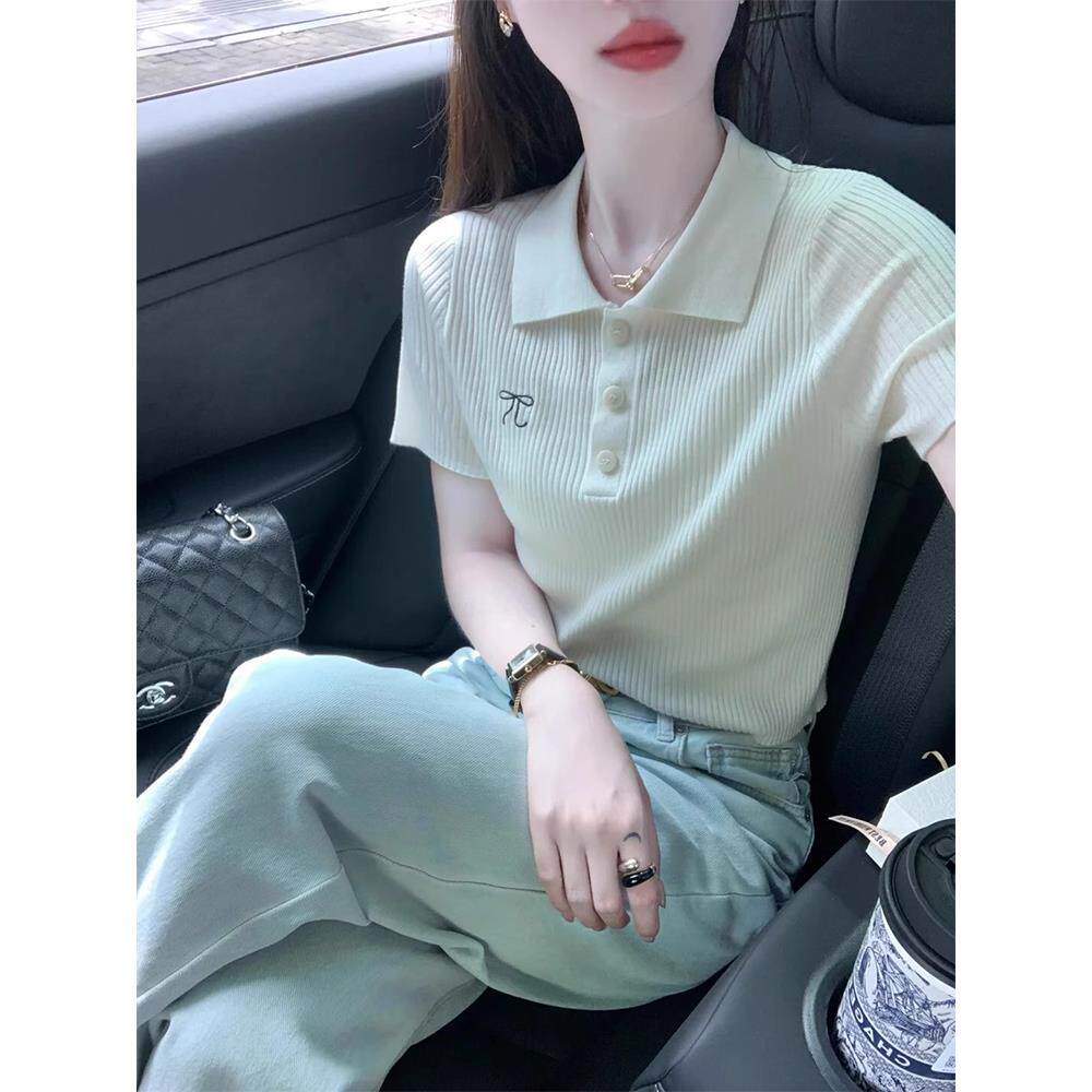 冰丝针织POLO衫蝴蝶结短袖T恤女薄款修身正肩翻领短款体恤上衣夏