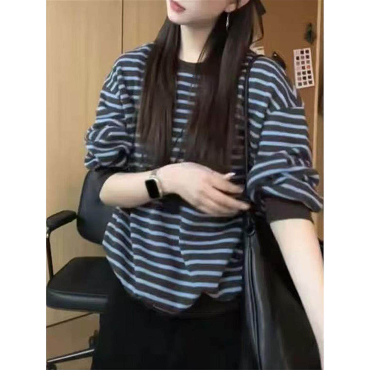 针织条纹圆领卫衣女秋季新款时尚洋气减龄小个子宽松长袖T恤上衣
