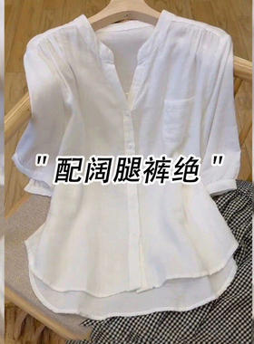 老钱风白色棉麻七分袖衬衫