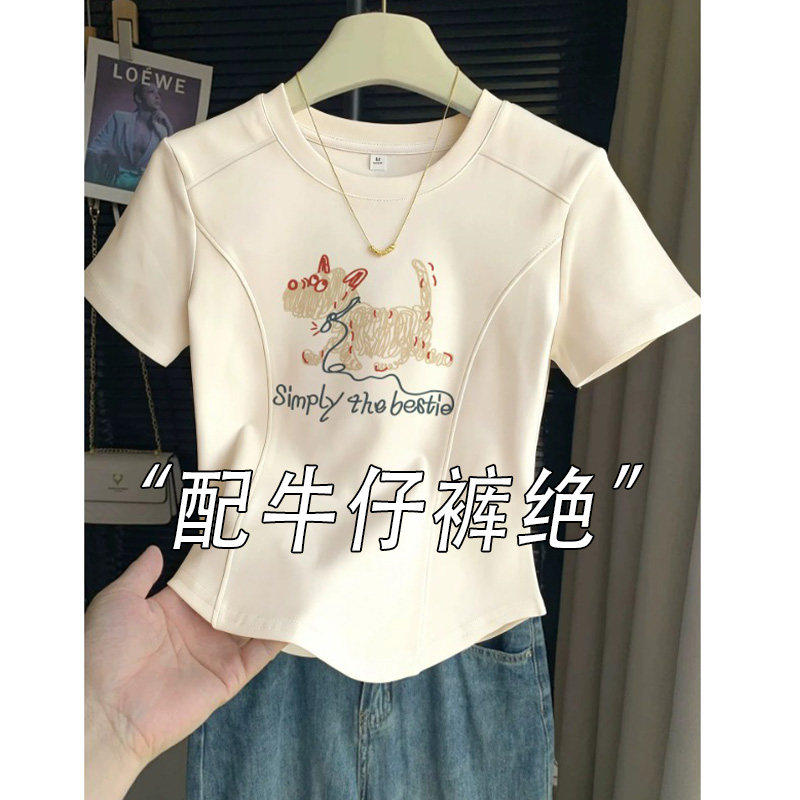 白色纯棉正肩短袖T恤女夏季欧货鱼骨高级感印花2026超火减龄上衣
