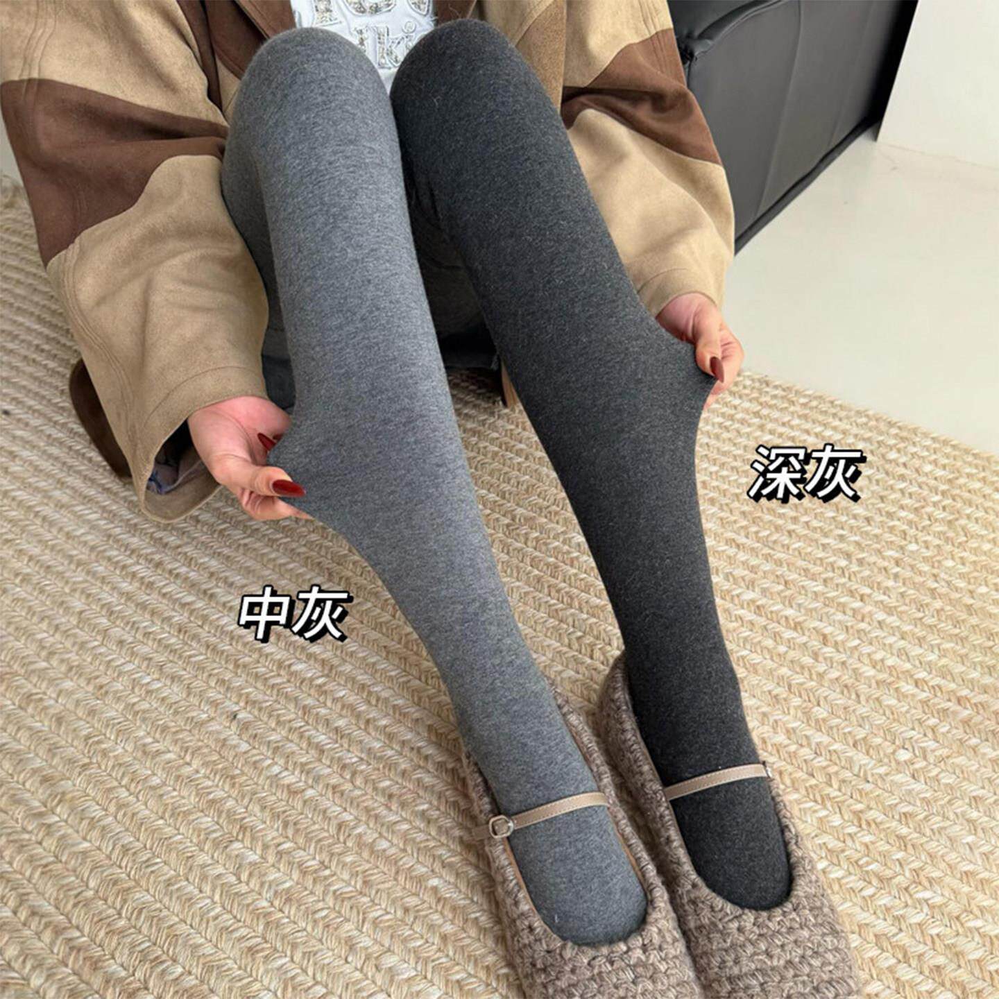 配裙子的平纹打底裤女秋冬外穿加绒加厚微压踩脚灰色连裤袜