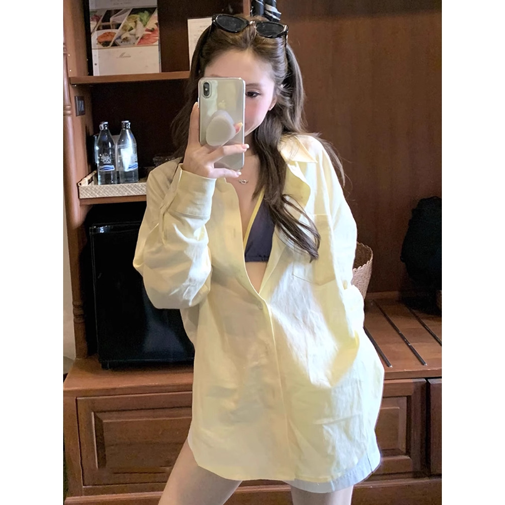 韩版黄色亚麻长袖防晒衬衫外套女夏季外搭宽松中长款长袖开衫上衣
