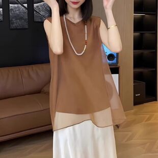 老钱风棕咖色中长版雪纺无袖背心女配阔腿裤配白裤子的上衣小衫