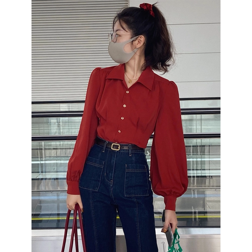 法式轻奢红色灯笼袖衬衫女图片