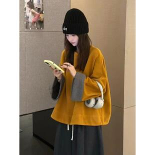 美式复古橘色喇叭袖圆领卫衣女秋冬新款宽松慵懒显瘦套头长袖上衣