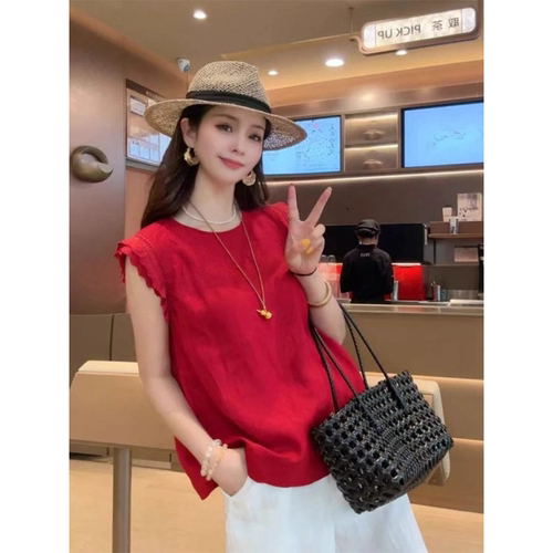 红色亚麻无袖背心女夏外穿