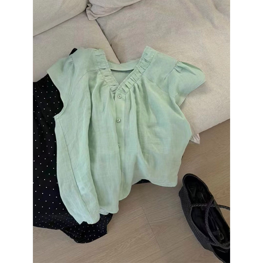 薄荷绿色亚麻短袖衬衫女夏图片